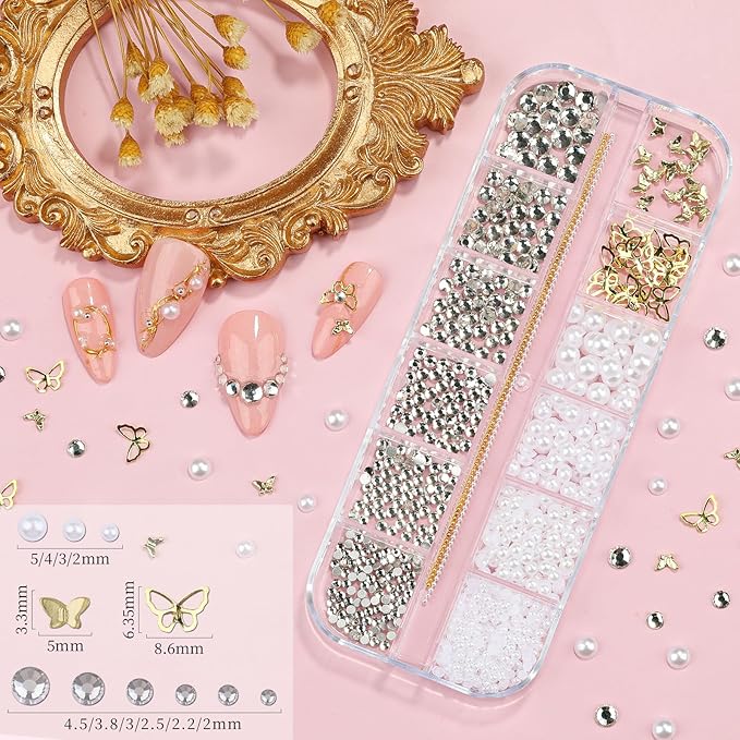 3 Boxes 3D Flower Nail Charms and Gems - Colorful Nail Flower & Aurora Bow Charms Metal Butterfly Clear Rhinestones Gemstones Silver/Gold Caviar Beads White Pearls with Nail Chain (12-S3-Mixed1)