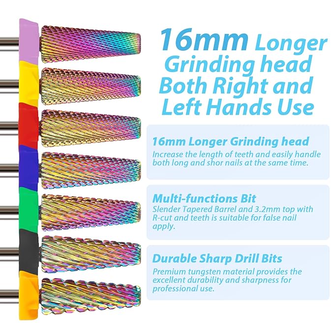 M 5 in 1 Nail Drill Bits, 16mm Tapered 3/32'' Professional Tungsten Carbide Bits for Efile, 2 Rotation for Electric Drill, Remove Thick & Soft Gel Fast, Manicure Cuticle Polishing, Techs Bits, Medium.