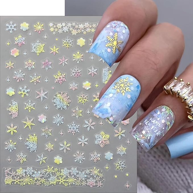 6Sheets Christmas Nail Art Stickers Snowflake Christmas Tree Nail Decals with Colorful Snowflake Pink Xmas Tree Snowball Firework Bow Nail Design DIY Christmas Nail Supplies Nail Decor for Women Girls