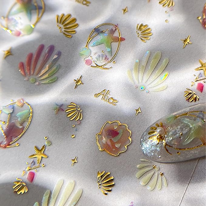 Summer Nail Art Stickers Extra Shiny 5D Self-Adhesive Shell Starfish Nail Decals Gold Star Shell Design Summer Beach Ocean Nail Supplies for Women Manicure Decorations Exquisite Cardboard Set 1 Sheet