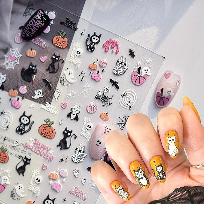 2Sheets Halloween Nail Art Stickers 5D Embossed Black Cat Skull Nail Decals Self-Adhesive Ghost Pumpkin Nail Stickers for Acrylic Nails Spider Web and Spider Nail Decal for Women Nails Decor Supplies