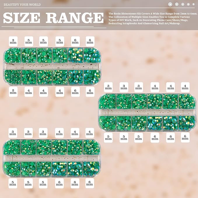 5000PCS Resin Rhinestones with Tweezers for Crafting, 2/3/4/5/6mm Flatback Jelly Rhinestones, 3 Box Dark Green AB Non Hotfix Crystal Gems for DIY Crafts Mugs Tumblers Clothes Makeup Nail