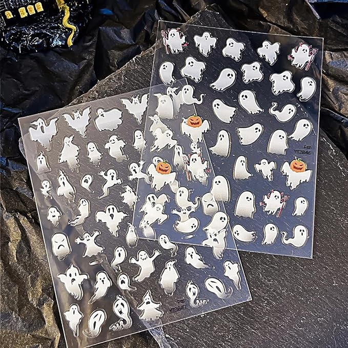 Halloween Ghost Nail Stickers for Nail Art 3D Self-Adhesive Halloween Nail Decals with Cute Ghost Design Spooky Nail Decals Holiday Style DIY Salon Manicure Supplies Sticker for Women