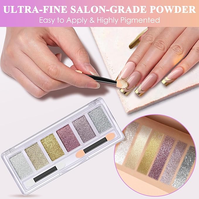Gold Silver Chrome Nail Powder, Metallic Mirror Effect Pink Light Purple Champagne Chrome Powder for Nails, Unicorn Iridescent Holographic Nail Pigment Glitter Dust for Nail Art Decoration