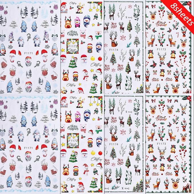 Christmas Nail Art Stickers Decals 3D Self-Adhesive Christmas Nail Stickers Nail Art Supplies 8PCS Elk Holly Santa Claus Green Leaf Snowy Tree Xmas Manicure Sliders for Winter Holiday Nail Decorations
