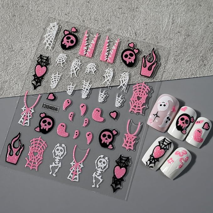 6 Sheets Halloween Nail Art Stickers Cute Ghost Bats Spiders Flame Pink Glitter French Nails Stickers Spiders Web Love Heart Design Nail Art Decals for Women Girls DIY Halloween Nails Decoration