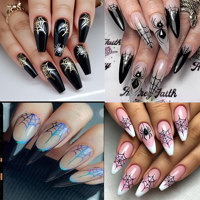 4Pcs Halloween Nail Stickers 3D Spider Web Nail Decals DIY Self Adhesive Cobweb Nail Design Halloween Nail Decoration Supplies Holiday Manicure Accessories for Women Girls