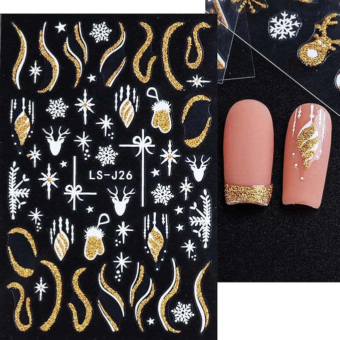 8 Sheets Glitter Christmas Nail Art Stickers Decals Self-Adhesive Holiday Gold Snowman Snowflake Winter Nail Supplies Nail Art Design Decoration Accessories