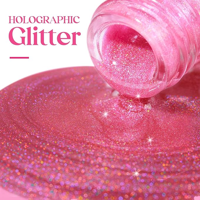 MIZHSE Holographic Nail Polish, Pink Glitter Nail Polish Air Dry Fast, 15 ml High Glossy Shimmer Nail Pigment Oil-based Laser Iridescent Nail Lacquer Chrome Halo Nail Art Salon Manicure Home