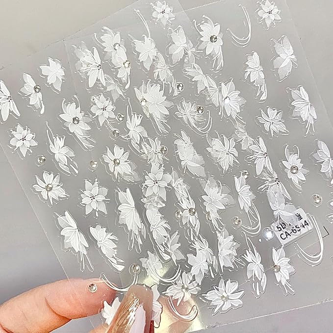 2 Sheets White Flower Nail Art Stickers 5D Embossed Nail Decals Self-Adhesive Diamond Flower Nail Stickers White Feather Lace Snowflake Design Suitable for Women Girls Nail Art Decoration