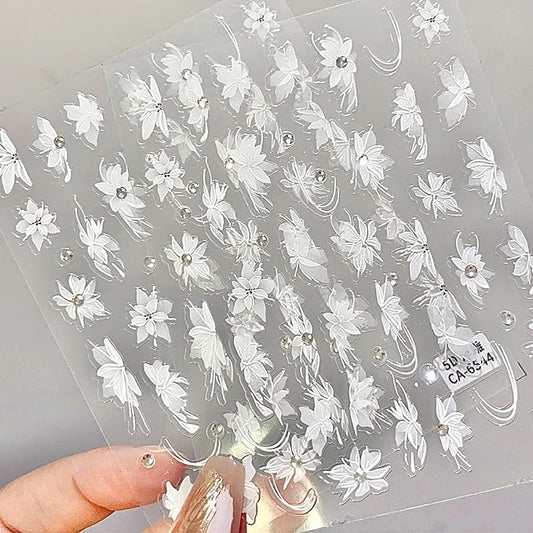 2 Sheets White Flower Nail Art Stickers 5D Embossed Nail Decals Self-Adhesive Diamond Flower Nail Stickers White Feather Lace Snowflake Design Suitable for Women Girls Nail Art Decoration