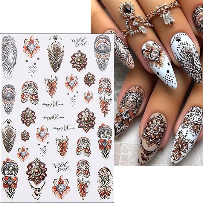 Bohemian Style Nail Stickers - Boho Chic Dreamcatcher Ethnic Tribal Feathers Self-Adhesive 3D Nail Decals for Women DIY Totem Manicure(4 Sheets)
