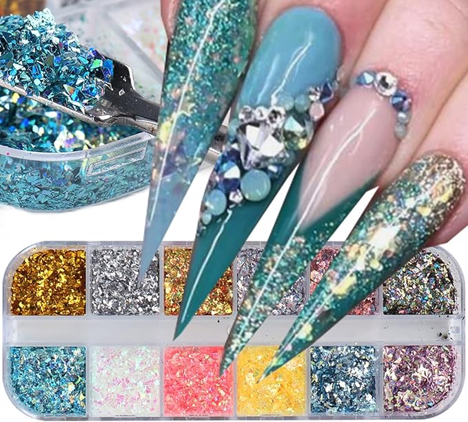 Holographic Glitter Nail Art Flakes, 12 Colors Irregular Sparkly Sequins Design, 3D Shiny Powder Acrylic Nails Supplies for Women Girls Manicure Charms Decorations, DIY Resin Tips