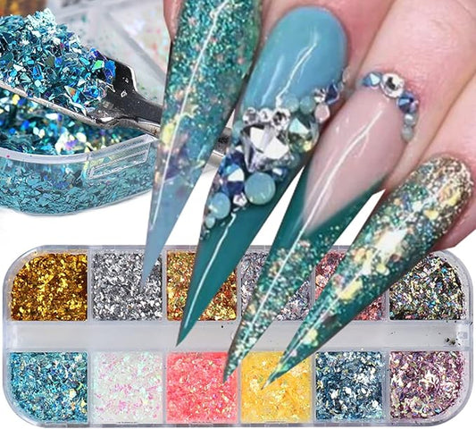 Holographic Glitter Nail Art Flakes, 12 Colors Irregular Sparkly Sequins Design, 3D Shiny Powder Acrylic Nails Supplies for Women Girls Manicure Charms Decorations, DIY Resin Tips