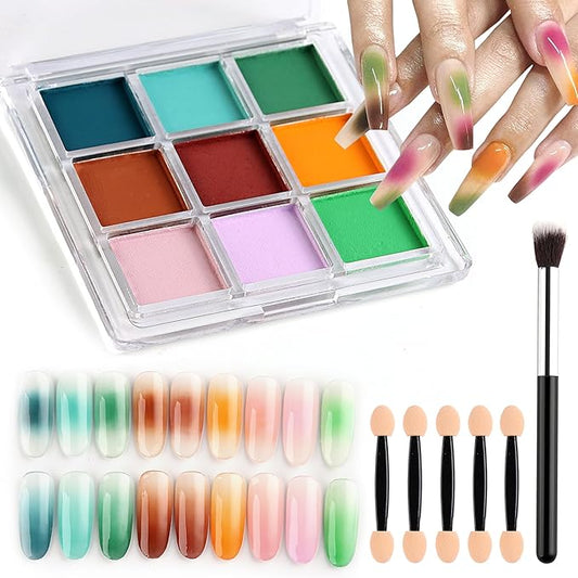 Nail Pigment Palette 9 Colors Gradient Ombre Nail Powder Set for DIY Manicure Beginners - Perfect Nail Design with Ultra Fine Powder - Includes 5 Sponge Sticks 1 Brush #07