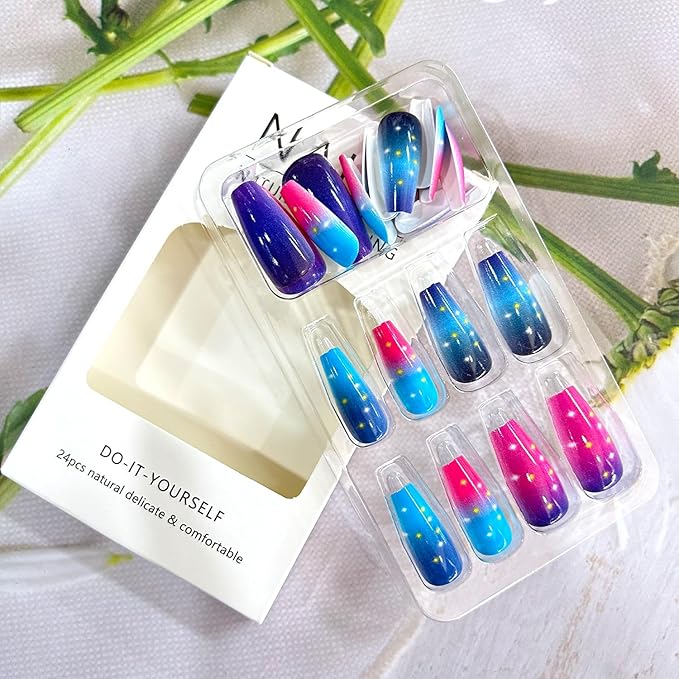 Press on Nails Medium Ballet Shaped Purple Gradient Acrylic Nail Colorful Glitter Dots Pattern Design Glossy Artificial False Nails Reusable Glue on Nails for Women Manicure Art Decoration