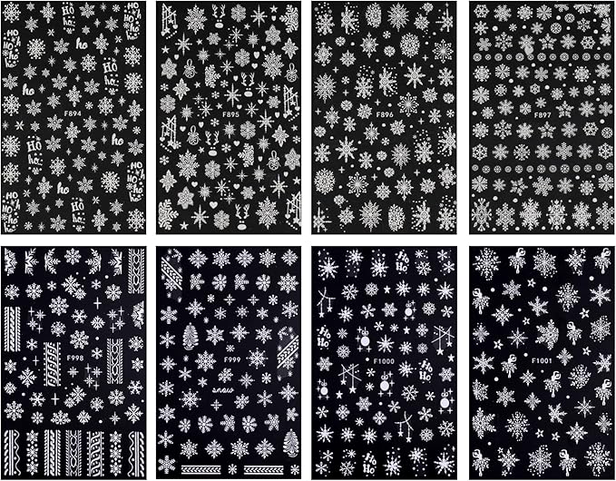 JMEOWIO 8 Sheets Christmas White Glitter Nail Art Stickers Decals Self-Adhesive Snowflake Winter Holiday Nail Supplies Nail Art Design Decoration Accessories