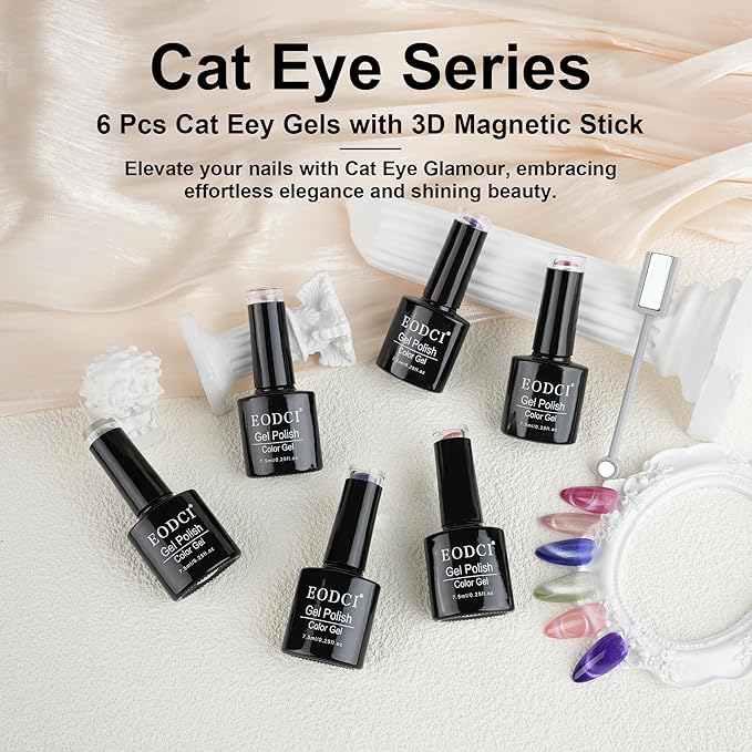 Cat Eye Gel Nail Polish Set - 6 Colors Magnetic Gel Polish with Glitter & Holographic Effect, Semi-Transparent Soak Off LED Nail Art DIY Salon Gifts for Women