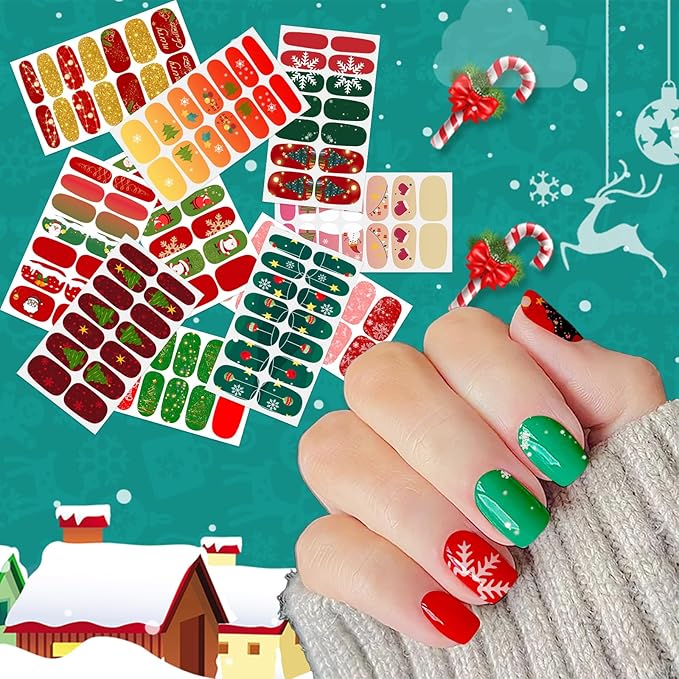 20 Sheets Chrismas Halloween Nail Polish Strips Spider Cobweb Bat Jack-o'-Lantern Snowflake Santa Claus Christmas Tree Self-Adhesive Holiday Nail Stickers Full Wraps for Women Manicure