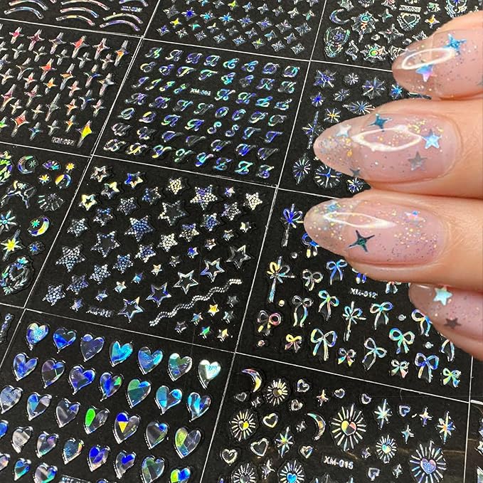 30 Sheets Star Nail Sticker Aurora Nail Art Stickers Moon Bow Heart Letter Design 3D Self-Adhesive Nail Decals for Women Girls DIY Nail Art Decoration
