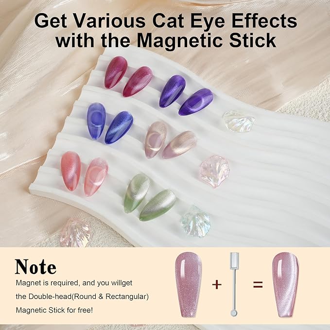 Cat Eye Gel Nail Polish Set - 6 Colors Magnetic Gel Polish with Glitter & Holographic Effect, Semi-Transparent Soak Off LED Nail Art DIY Salon Gifts for Women