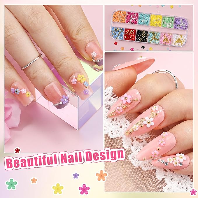3D Colorful Flower Nail Charms with Gold Silver Metal Caviar Beads Cherry Blossom Petal Spring Nail Art Charms Acrylic Floral Studs for Women DIY Manicure Crafts (1-S1-Solid)