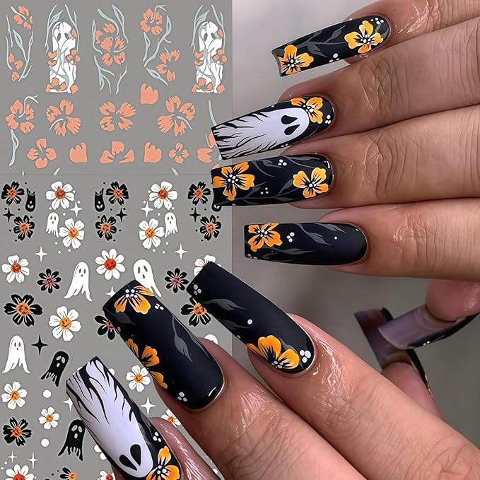 6 Sheets Halloween Nail Art Stickers Cute Pumpkin Flower Ghost Nail Decals 3D Self-Adhesive Hibiscus Ghost Nail Design Nail Supplies White Ghost Pumpkin Nail Decorations for Women DIY Holiday Manicure