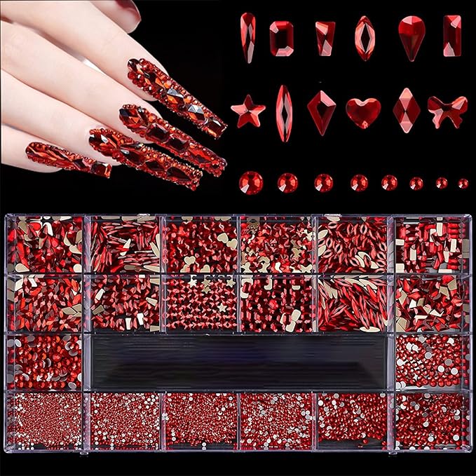 HOINCO 3100Pcs Crystal Red Nail Rhinestones, Multi-Shaped Nail Charms for DIY Nail Art