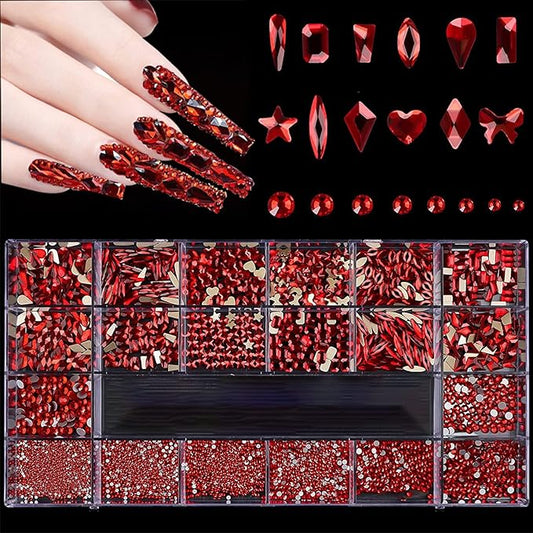 HOINCO 3100Pcs Crystal Red Nail Rhinestones, Multi-Shaped Nail Charms for DIY Nail Art