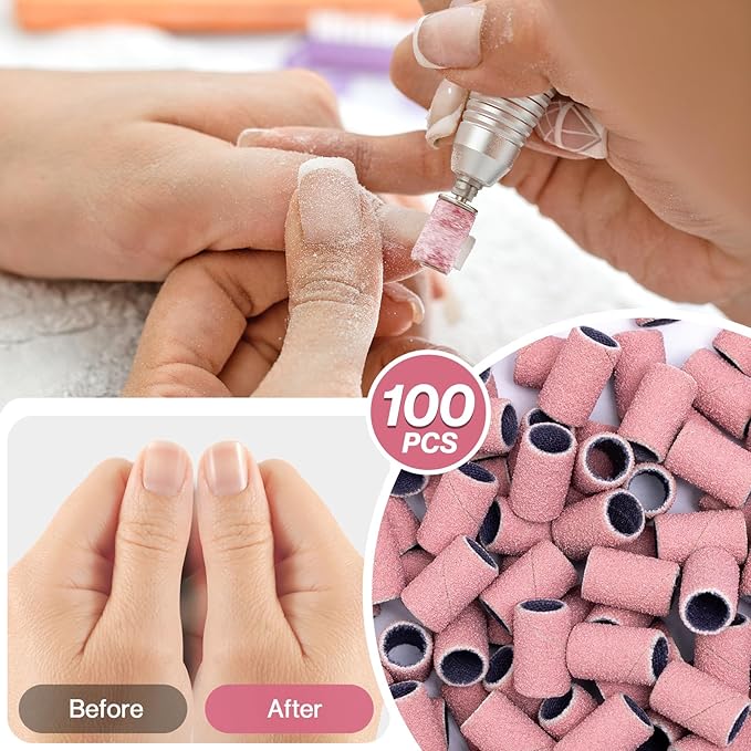 MelodySusie 100 Pcs Nail Drill Bits Sanding Bands for Nail Drill 120 Medium Grit Nail File Sanding Bands for Acrylic Nails Gel Manicures and Pedicure, Pink