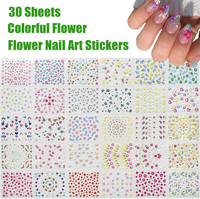 30 Sheets Flower Nail Art Stickers Decals Floral Rose Daisy Cherry Blossoms 3D Self-Adhesive Nail Sticker Spring Summer Colorful Flower Nail Art Decoration Supplies for Women Manicure DIY Accessories