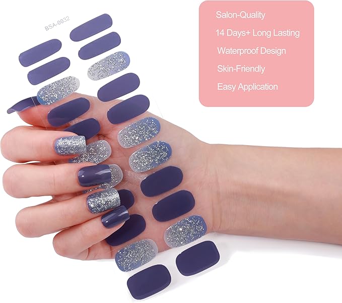 No Lamp Gel Nail Strips 22 Pcs Wraps - Dark Purple Silver Glitter, Easy Apply Gel Nail Stickers Long Lasting, Salon-Quality, 2 Prep Pads, 1 File, 1 Wooden Stick