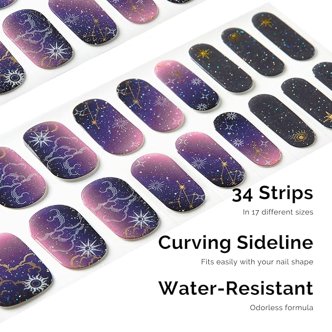 Nailog Semi Cured Gel Nail Strips 34 pcs | Long Lasting Nail Polish Sticker Wraps with Glossy Gel Finish | Constellation