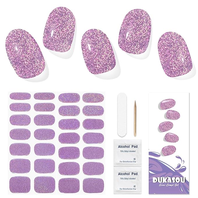 28pcs Semi Cured Gel Nail Strips (Antique Pink Glitter), Gel Nail Stickers Work with Any UV Lamps, Long Lasting Nails Wraps for Women