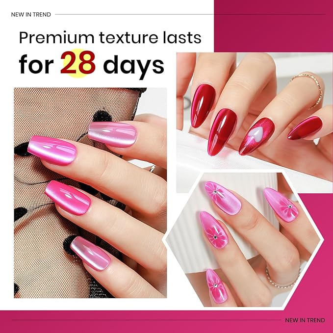 MIZHSE Cat Eye Gel Nail Polish, Pink Magnetic Gel Polish Set with Magnet Stick, Glossy Finish Neon Hot Pink Soak Off Nail Art Manicure Salon DIY Home Women Gift