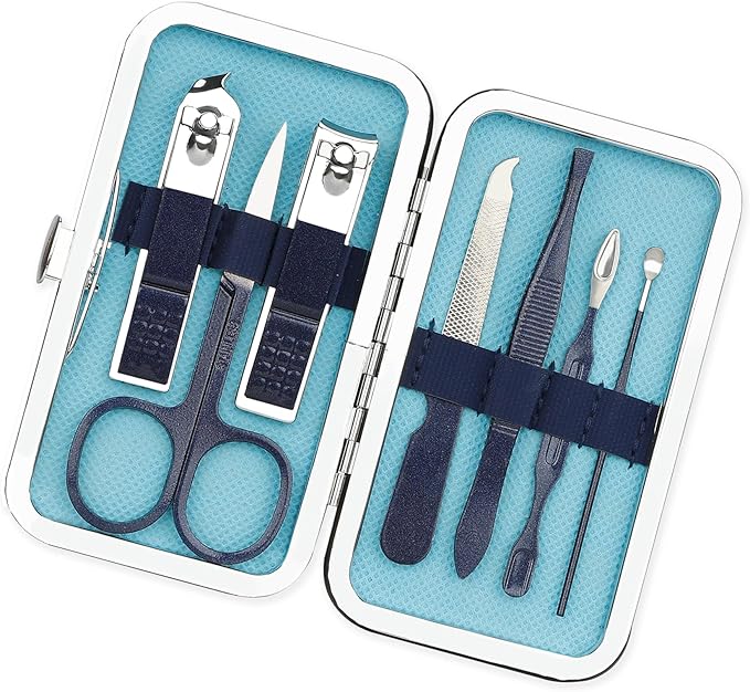 Christmas Stocking Stuffers Nail Clippers Manicure Set Nail Tools Pedicure Supplies Fingernail Clippers for Men Manicure Kit Toenail Clipper 8 in 1 Pednicure Tools Blue with Leather Travel Case