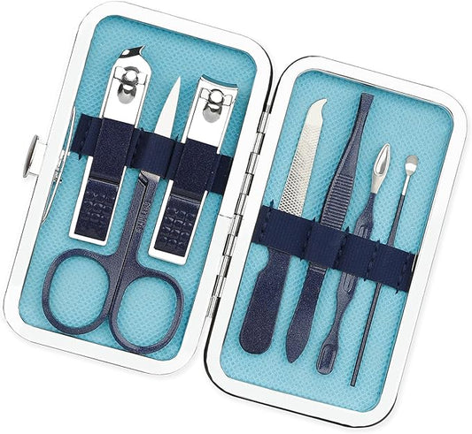 Christmas Stocking Stuffers Nail Clippers Manicure Set Nail Tools Pedicure Supplies Fingernail Clippers for Men Manicure Kit Toenail Clipper 8 in 1 Pednicure Tools Blue with Leather Travel Case
