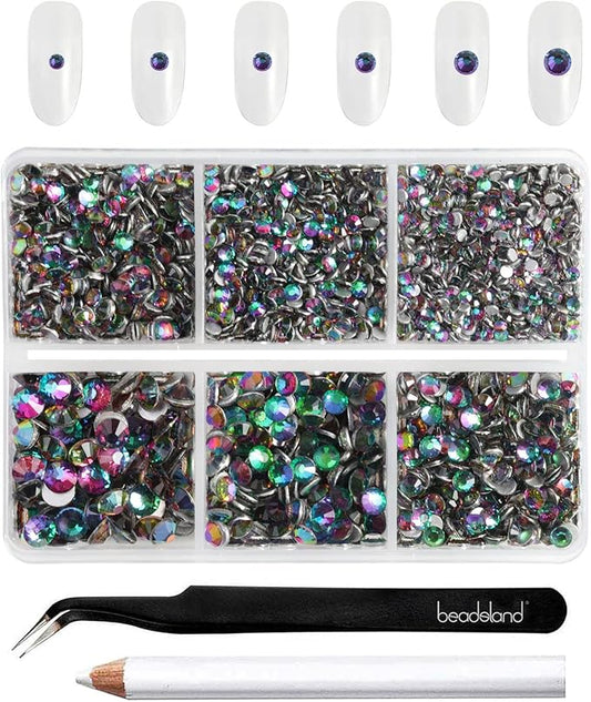 Beadsland 4300pcs Flatback Rhinestones,Green Rhinestones Nail Gems Round Crystal Rhinestones for Crafts,Mixed 6 Sizes with Picking Tweezers and Wax Pencil Kit, SS6-SS20,Green Volcano