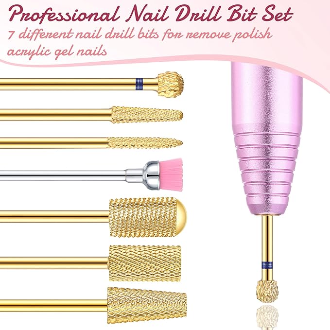 Hestya 7 Pieces Nail Drill Bits Set Tungsten Carbide Drill Bits for Nails Electric File 3/32 Inch Diamond Manicure Pedicure Cuticle Remover Tools for Acrylic Gel fingernail Salon(Gold)