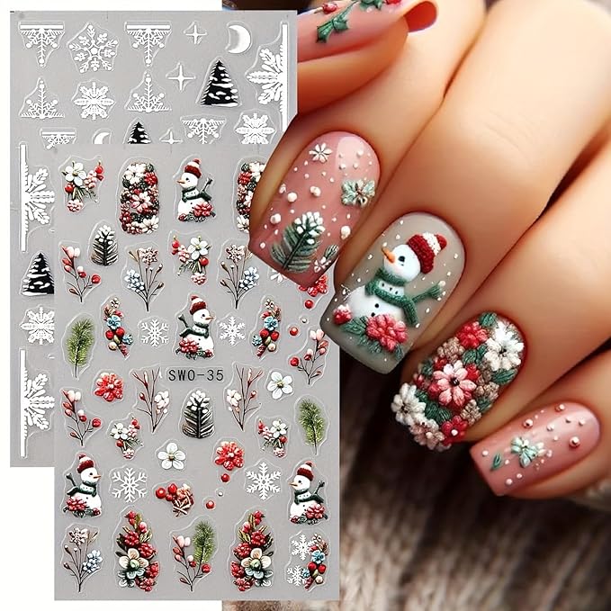 8 Sheets 5D Christmas Nail Art Stickers Self-Adhesive Embossed Cute Santa Claus Reindeer Xmas Tree Designs Cartoon DIY Xmas Nail Art Stickers Decals Christmas Nail Supplies for Women Nails Art Decor