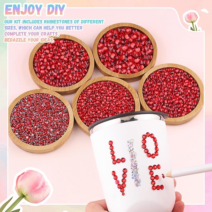 32000Pcs Resin Rhinestones for Bedazzling with 3Pcs B7000 Jewelry Glue, Red Flatback Gems Rhinestones for Crafting, Clothing Tumblers Mugs Shoes Fabric Decor Nail Art