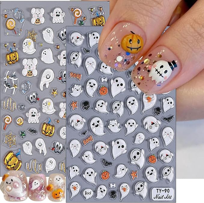 2Sheets 5D Cute Ghost Nail Art Stickers Embossed Cartoon Skull Bat Pumpkin Nail Decals Spooky Halloween Nail Stickers Fall Holiday Nail Design Decals Decoration for Women DIY Manicure Supplies