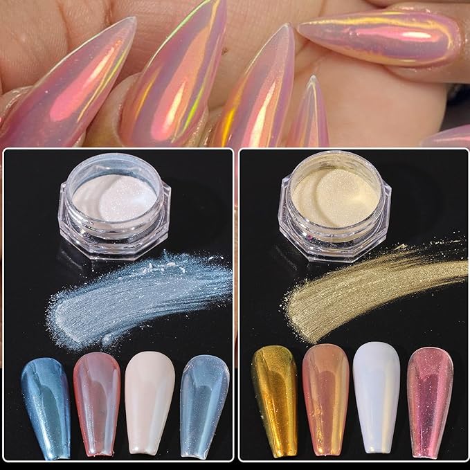 Mermaid Aurora Chrome Nail Powder 10 Boxes Colorful Pearlescent Glazed Powder Kits Pearl Metallic Mirror Pigment Rubbing Dust Nails Glitter Decoration DIY Designs Nail Accessories