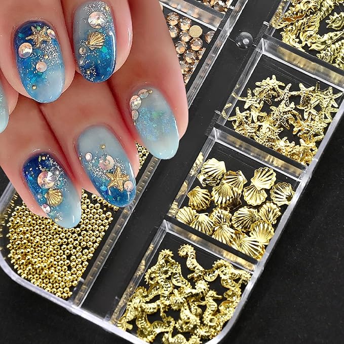 12Grids Summer Metal Nail Art Charms 3D Gold Starfish Shell Conch Nail Charms Sparkly Golden Rhinestone Seahorse Nail Art Jewelry White Pearls Nail Jewelry Ocean Theme Designs Nails Supplies for Women
