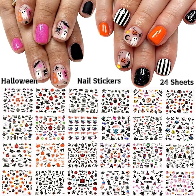 30 Sheets Halloween Nail Stickers 3D Self Adhesive Halloween Nail Decals Ghost Spider Nail Art Stickers Pumpkin Bat Nail Design Nail Art Supplies for Acrylic Nails Decorations for Women