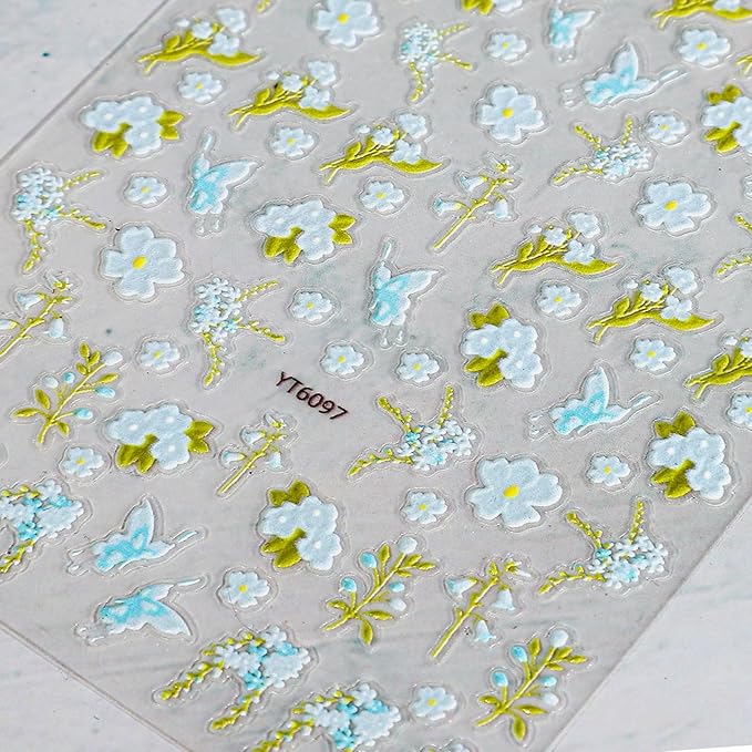 Flower Nail Stickers for Nail Art - Blue Flower Nail Art Sticker Floral Embossed Leaf Butterfly Nail Decals Self-Adhesive Nails Supply Manicure Stickers for Nails Decoration
