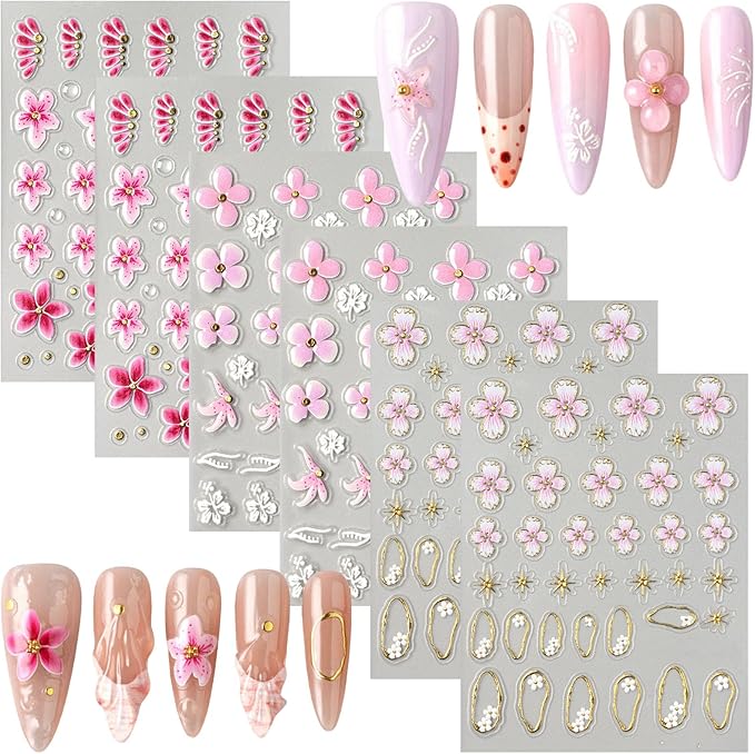 6 Sheets Flower Nail Art Stickers, 5D Embossed Hawaiian Floral Nail Decals 3D Self-Adhesive Hibiscus Tropical Floral Summer Spring Stickers for Women Girls DIY Manicure Decorations