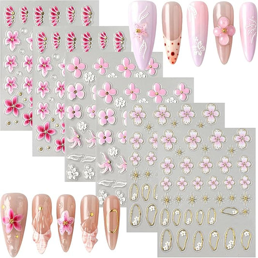 6 Sheets Flower Nail Art Stickers, 5D Embossed Hawaiian Floral Nail Decals 3D Self-Adhesive Hibiscus Tropical Floral Summer Spring Stickers for Women Girls DIY Manicure Decorations