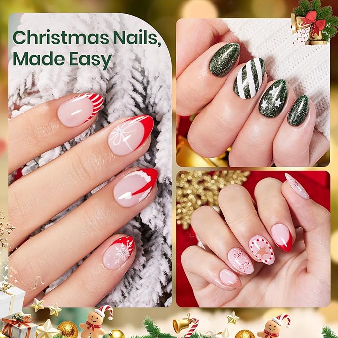 Beetles Gel Nail Kit Flat-X Christmas Limited Set, Almond Short , 320pcs 16 Sizes, with 15g Hands-free Solid Nail Glue Gel, Mini Lamp, Pre-Etched Half Matte Nail Extension Set for Home DIY