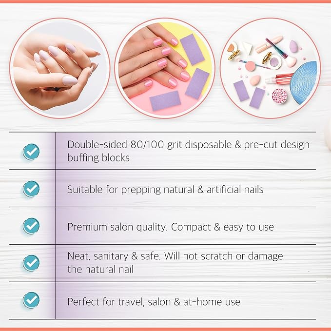 Slim Purple Buffer Set – (80/100 Grit) - 50 Ct- Professional Grade Salon Quality Nail Buffing Blocks Pack for Pre-Application of Polish, Gel, Acrylic, Double-Sided Nail Buffer Blocks